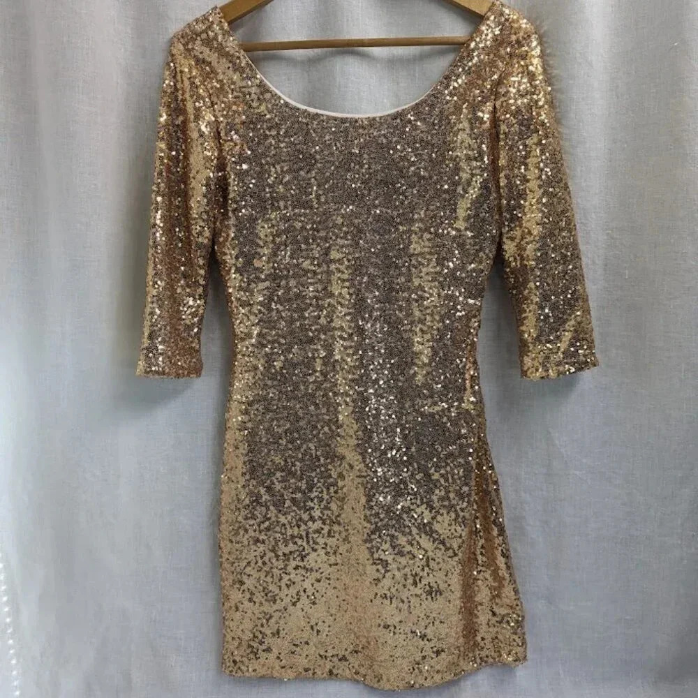 Babe Society gold sequins mini party dress,  3/4 sleeve women's size Medium  D5